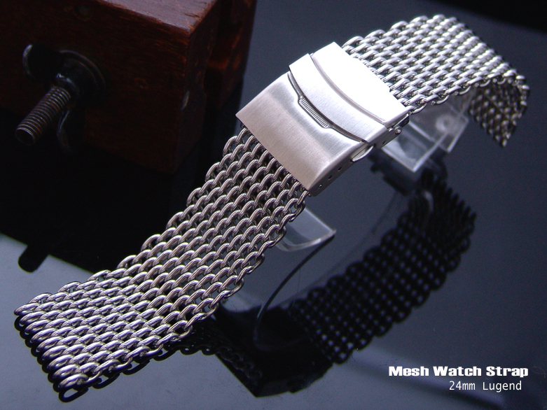 24mm Polished "SHARK" Mesh Watch Band Milanese Band Diver Watch Bracelet