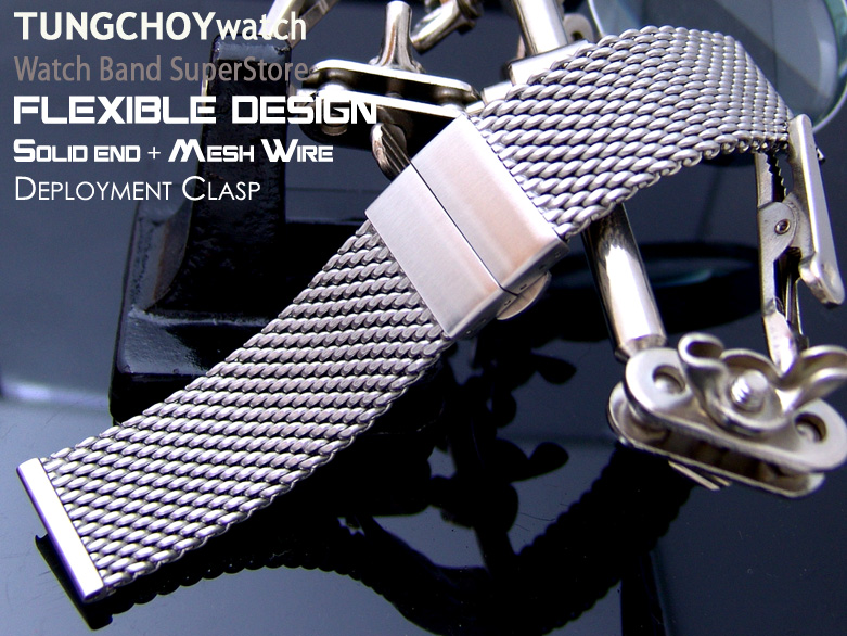 22mm Stainless Steel Mesh Watch Bracelet, Solid End Lug, Deployant clasp, AC or CC