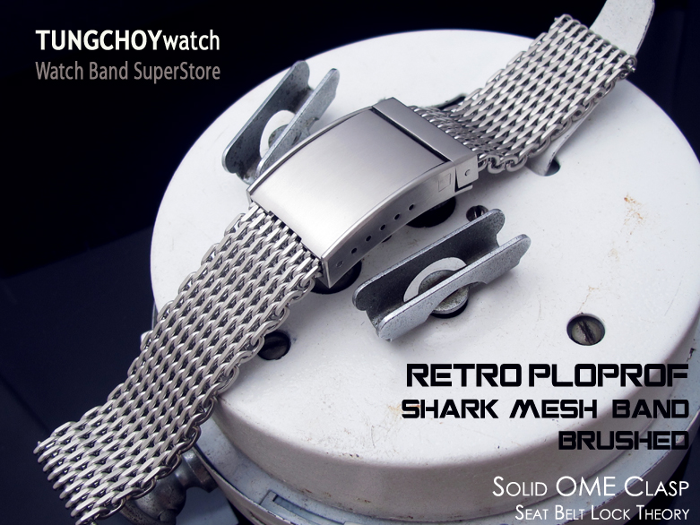 24mm or 25mm Retro Ploprof Flatten "SHARK" Mesh Watch Band, Solid Seatbelt Milanese Strap, Brushed