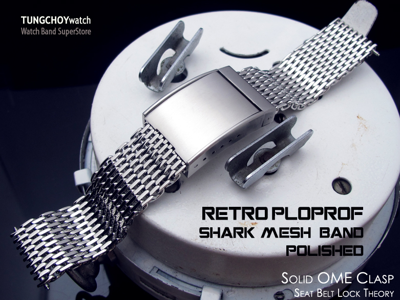 24mm or 25mm Retro Ploprof Flatten "SHARK" Mesh Watch Band, Solid Seatbelt Milanese Strap, Polished