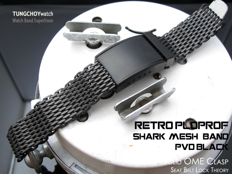 24mm Retro Ploprof Flatten "SHARK" Mesh Watch Band, Solid Seatbelt Milanese Strap, PVD Black