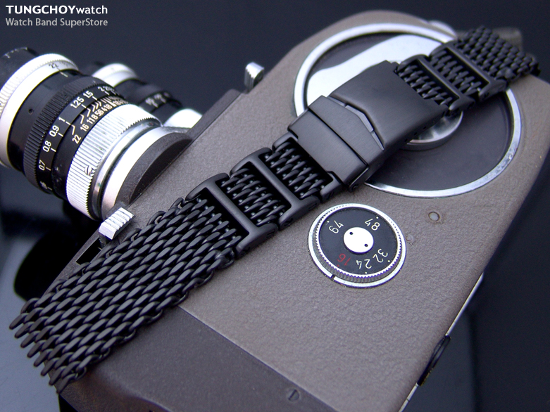 20mm Flexi Matte Flatten PVD Black "SHARK" Mesh Divers Watch Band Bracelet