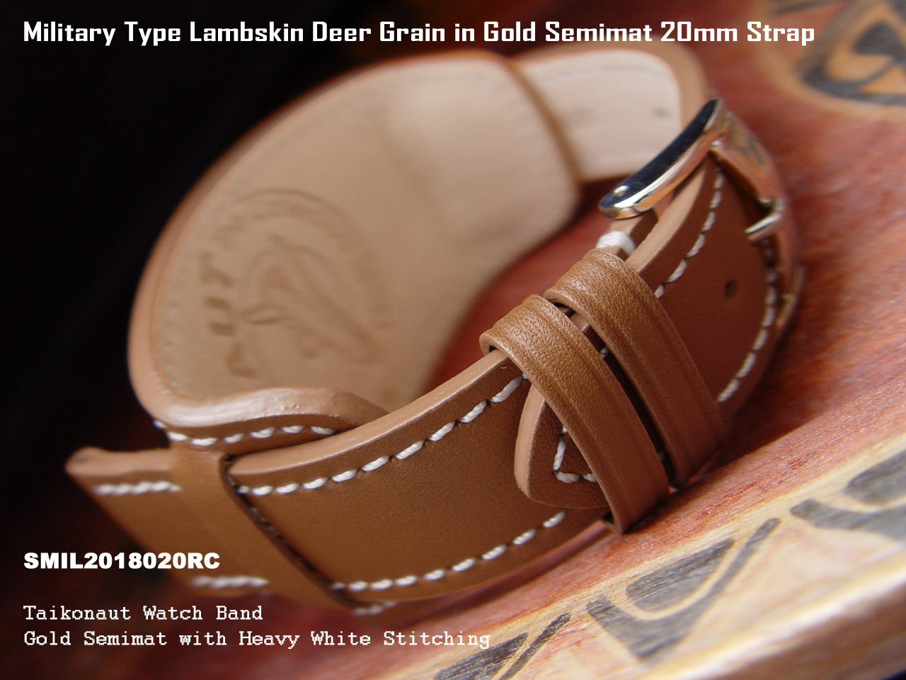 (MIL2018020RC)Military Type Lambskin Deer Grain in Gold Semimat 20mm Strap