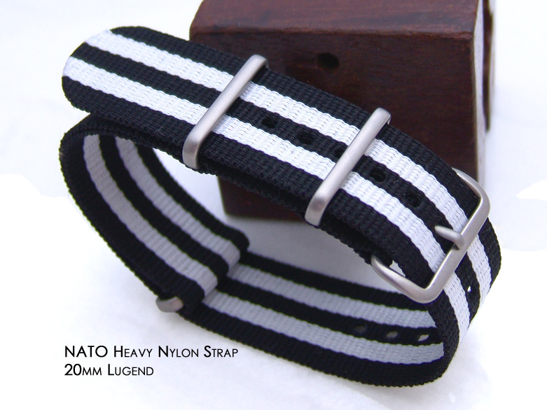 Nato 20mm James Bond Double Black-White Watch Band brushed Buckle