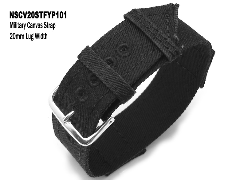 20mm Black Military Canvas Watch Band One piece design, WWII series