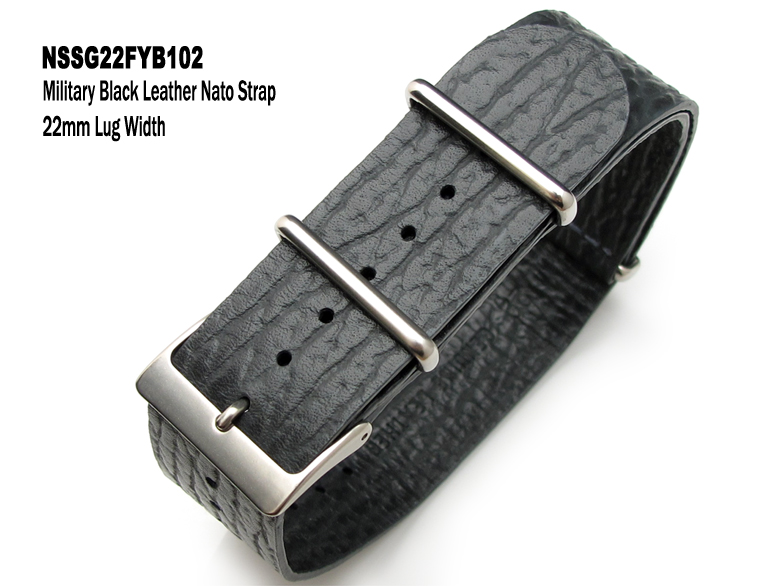 (NSSG22FYB102)22mm Military Grey Shark Grain leather NATO Strap - Brushed Buckle