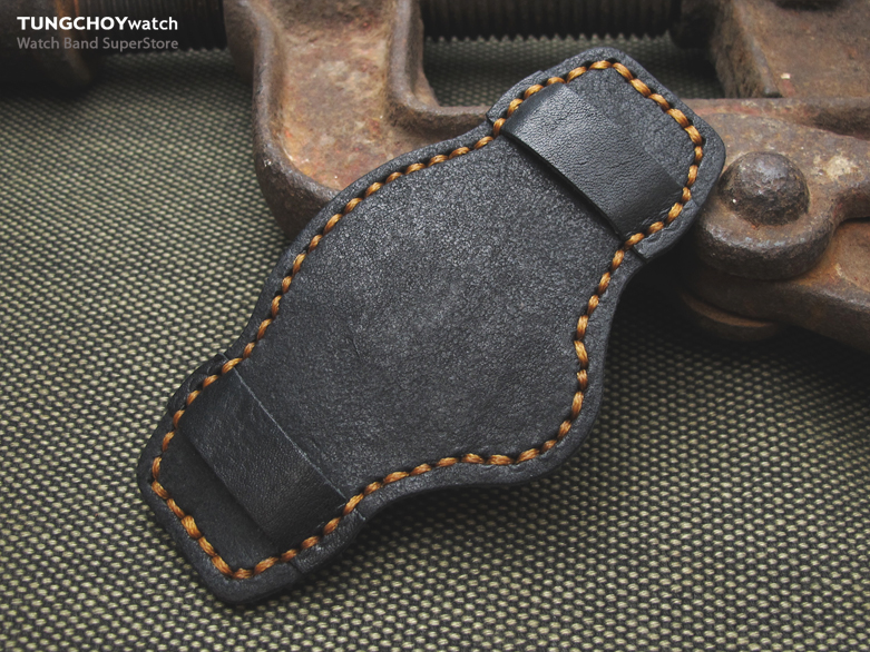 Matte Black Pull Up Leather BUND Pad for 20mm - 24mm watch straps, Brown Wax Stitching