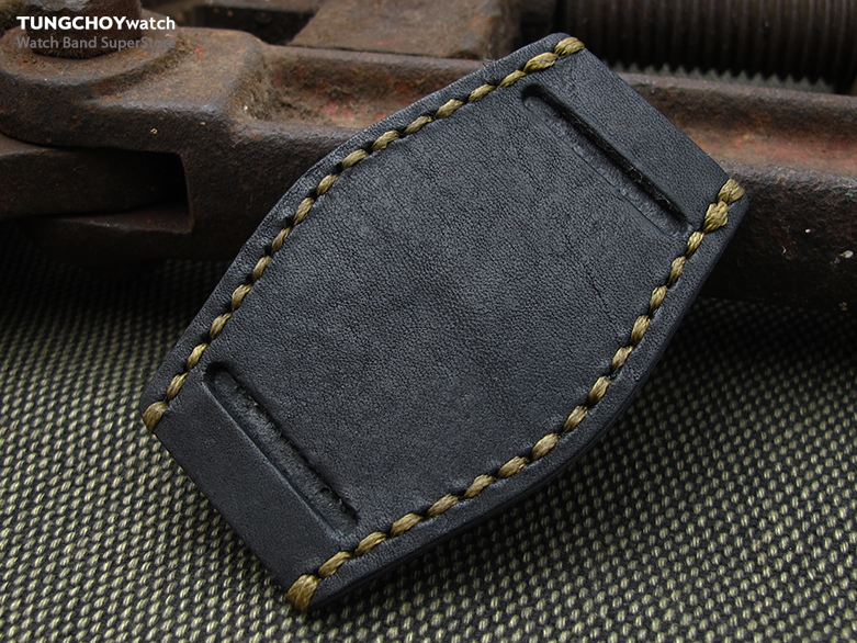 Matte Black Geniune Clafskin Leather BUND Pad for 20mm - 22mm watch straps, Military Green Wax Stitching