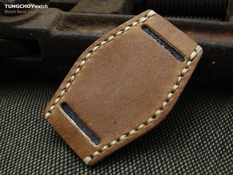 Saddle Brown Geniune Clafskin Leather BUND Pad for 20mm - 22mm watch straps, Beige Wax Stitching