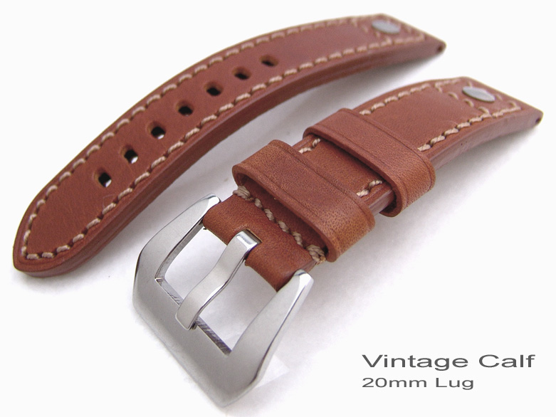 20mm Pre-Vendome Vintage Calf Watch Band Sewn in buckle Rivet Lug