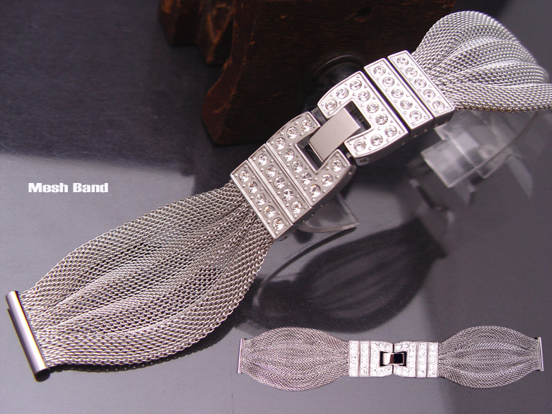 (REG-MB18-038)18/18mm stainless steel mesh bracelet + Swarovski crystals boasts