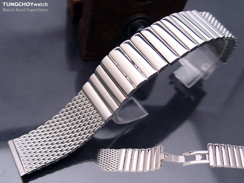 20mm Polished Link Mesh Watch Band Milanese Classic Deployant Bracelet