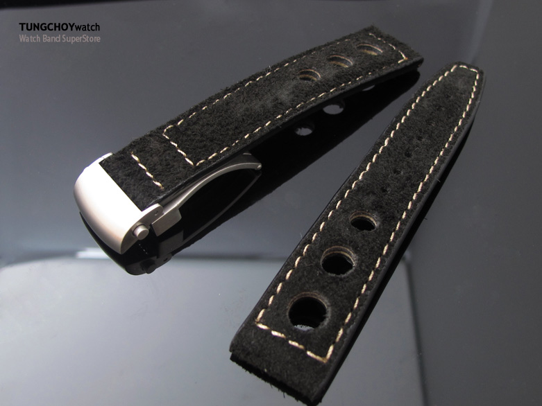 Matte Black Suede in Beige Stitching Deployant Watch Strap, 3 punch holes design, 20mm, 22mm or 23mm