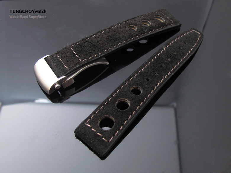 Matte Black Suede in Grey Stitching Deployant Watch Strap, 3 punch holes design, 20mm, 22mm or 23mm
