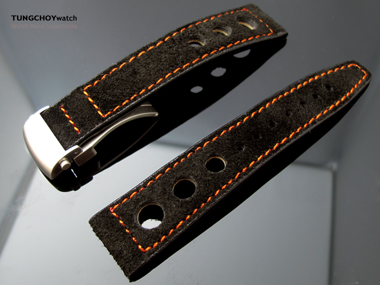 Matte Black Suede in Orange Stitching Deployant Watch Strap, 3 punch holes design, 21mm, 22mm or 23mm