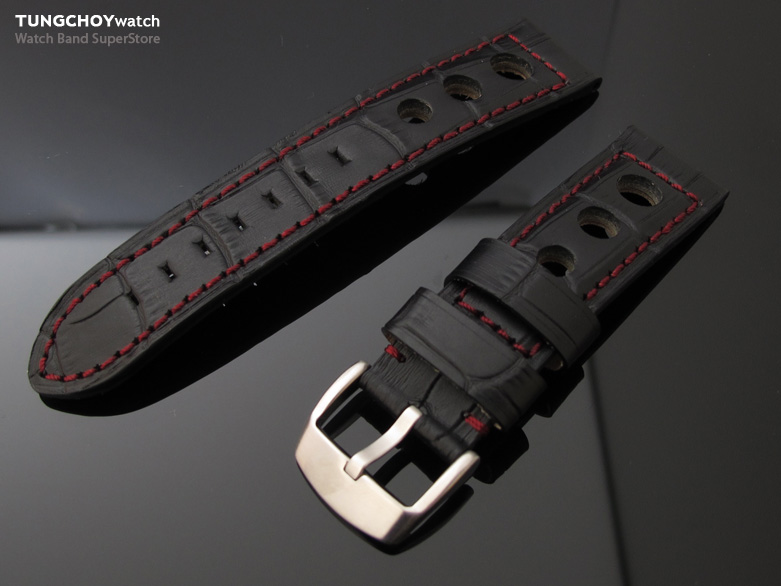 22mm Sport-Racer Punch Holes Black CrocoGrain Watch Strap Burgundy Stitches