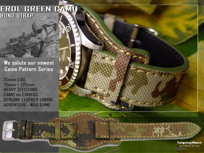 (SA20-001)20mm Army Bund Heavy Canvas Watch Band ERDL GREEN CAMO