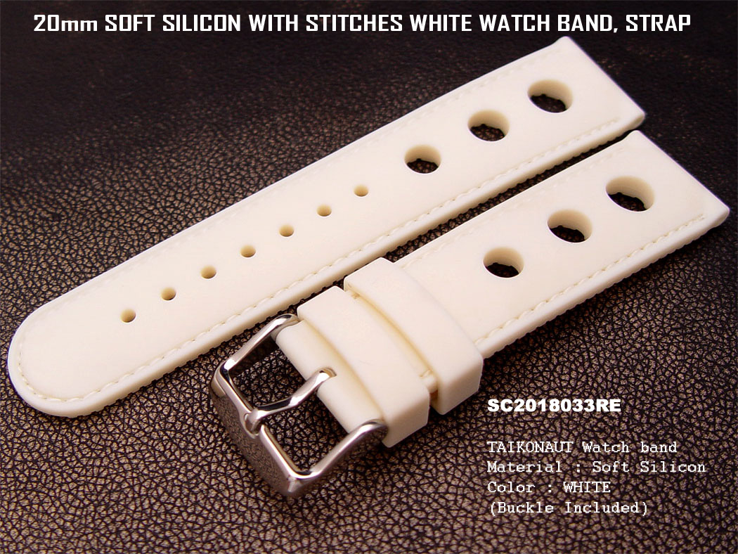 20mm White Soft Silicone Diver Watch Band Hole Punch Watch Band Red Stitches