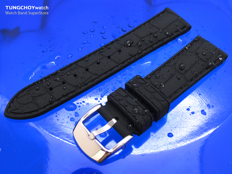20mm Croco Grain Matte Black Silicone Soft Watch Strap on 316L SS Polished Buckle