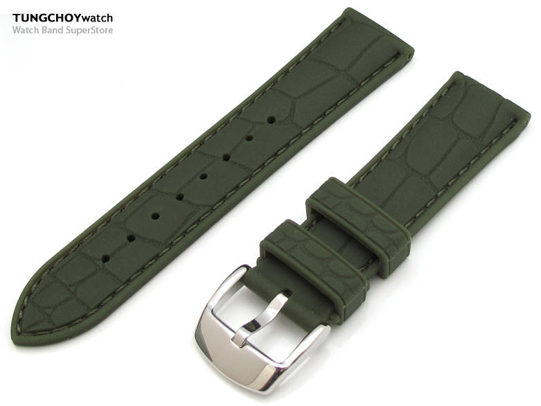 20mm Croco Grain Military Green Silicone Soft Watch Strap on 316L SS Polished Buckle
