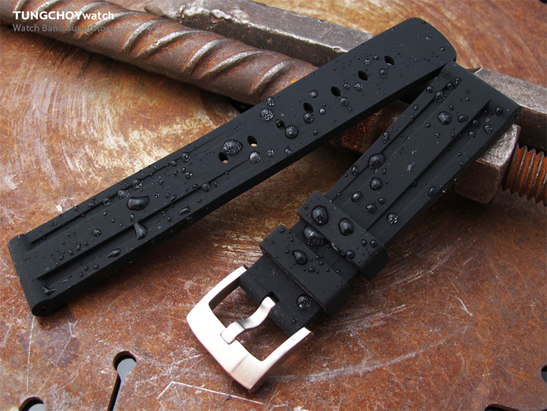 Toughness Silicone Matte Black Double Groove 20mm Waterproof Watch Strap