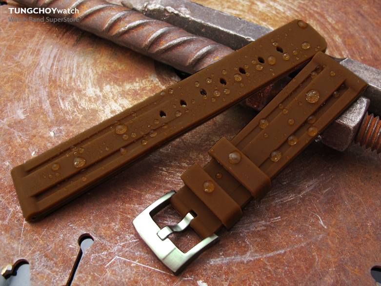 Toughness Silicone Matte Brown Double Groove 20mm Waterproof Watch Strap
