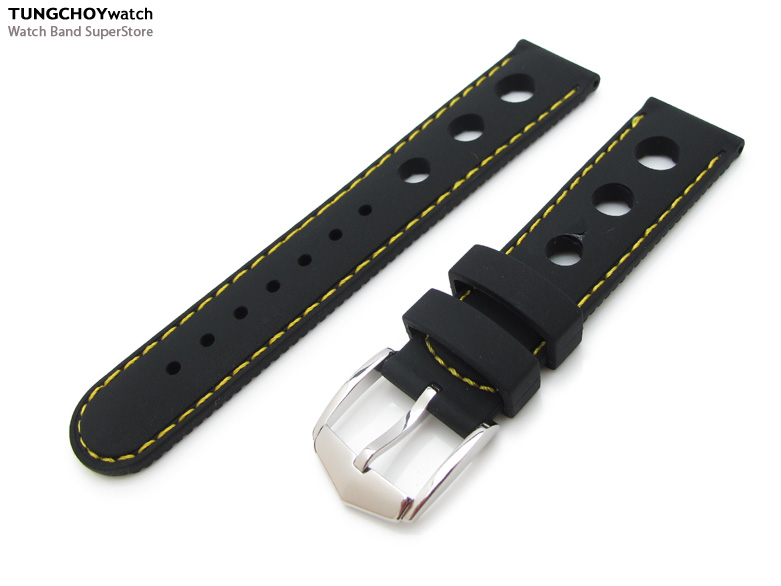 Silicon Black 3 Punch Holes with Yellow Stitches 20mm Watch Strap, PVD Black Buckle