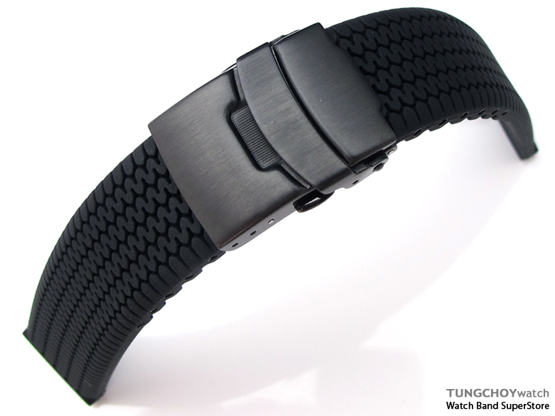 20mm Tire Tread Silicon Strap on Diver Clasp for Sport Watch PVD Black B