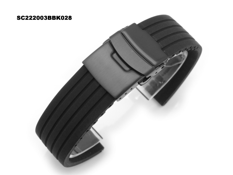 22mm Medium Soft Silicone Black 4 Groove Line Sport Watch Band PVD Black