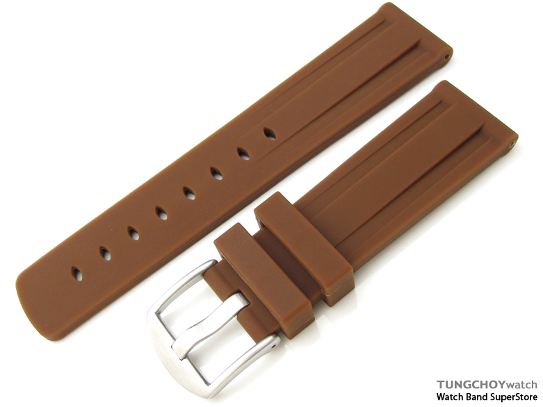 Toughness Silicon Choco Color Double Groove 22mm Watch Strap, 316L Brushed spring bar type Buckle