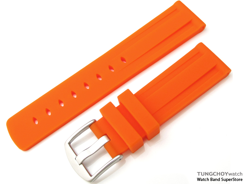 Toughness Silicon Orange Color Double Groove 22mm Watch Strap, 316L Brushed spring bar type Buckle