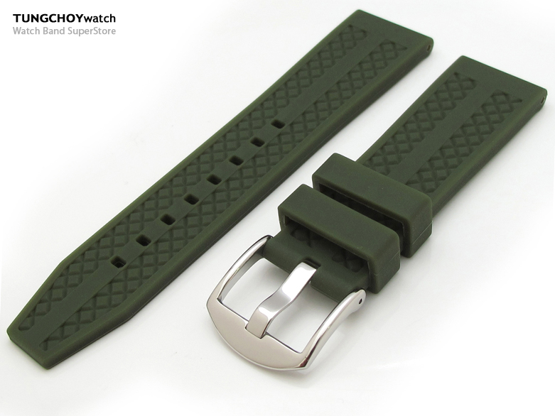 22mm Grid Pattern Military Green Silicone Soft Watch Strap on 316L SS Polished Buckle