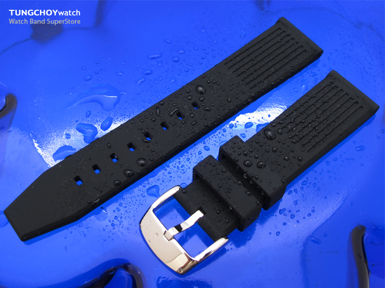 22mm Groove Lines Matte Black Silicone Soft Watch Strap on 316L SS Polished Buckle