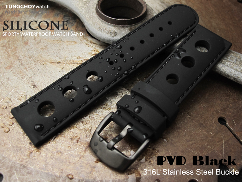Silicon Black 3 Punch Holes with Black Stitches 20mm Watch Strap, PVD Black Buckle