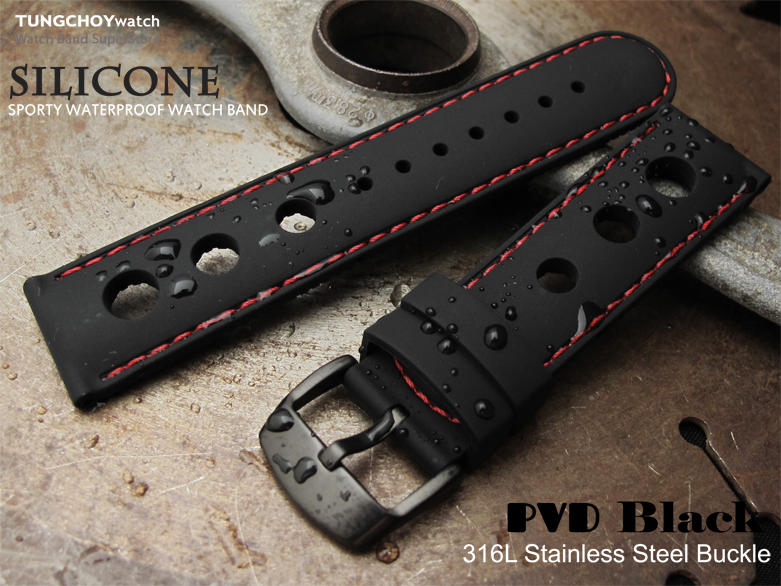 Silicon Black 3 Punch Holes with Red Stitches 22mm Watch Strap, PVD Black Buckle