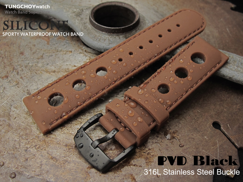 Silicon Choco 3 Punch Holes with Choco Stitches 20mm Watch Strap, PVD Black Buckle