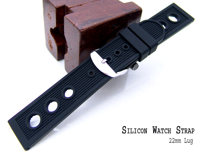 22mm Black Silicone Ripple Pattern Hole Punch Watch Band