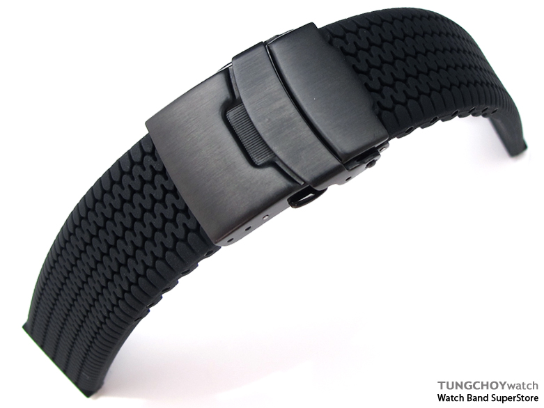 22mm Tire Tread Silicon Strap on Diver Clasp for Sport Watch PVD Black B