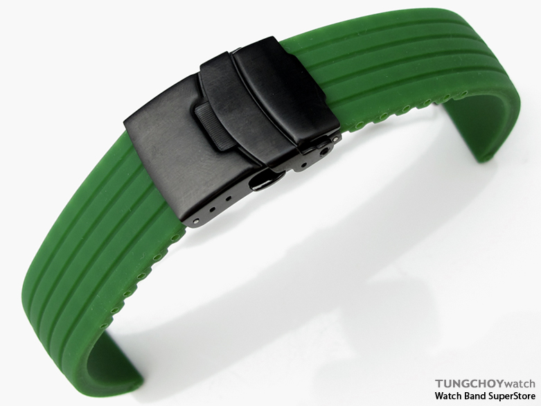 22mm 4 Groove Line Military Green Silicon Watch Strap on PVD Black Diver Clasp, B