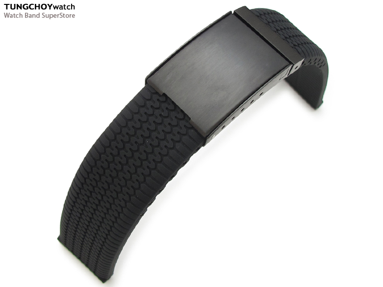 22mm Black Tire Tread Silicon Strap on PVD Black OME seatbelt clasp for Sport Watch