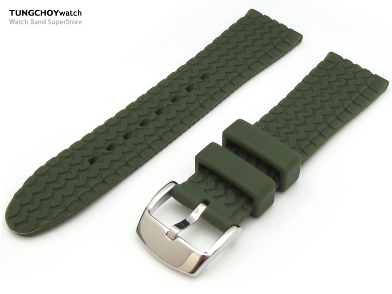 23mm Tire Tread Pattern Military Green Silicone Soft Watch Strap on 316L SS Polished Buckle