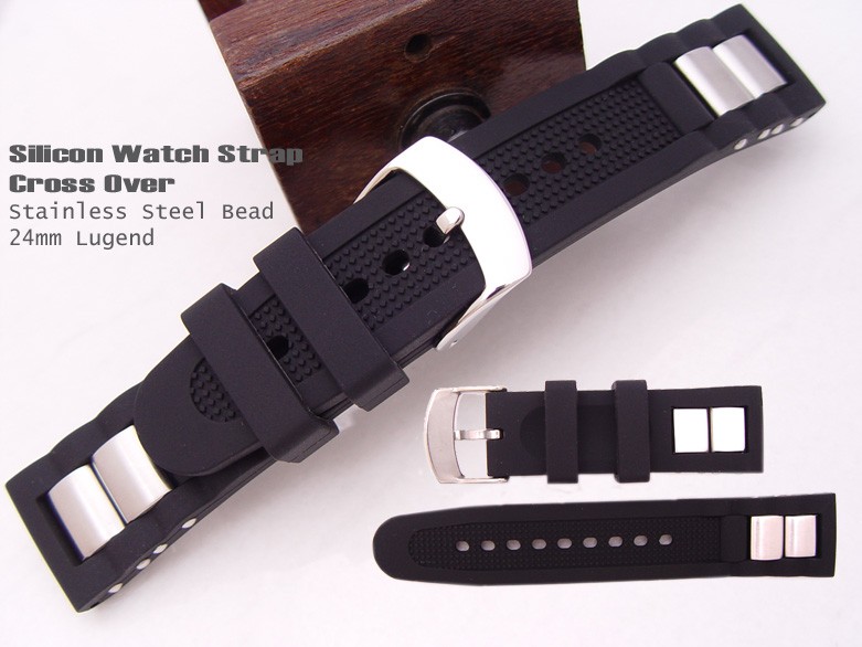 24mm Thick Silicone Black Textured + Brush Stainless Steel Beads Watch Band