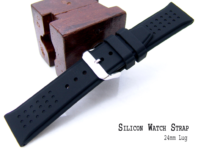 24mm Black Silicone Racer Dot Pattern Thick Watch Band