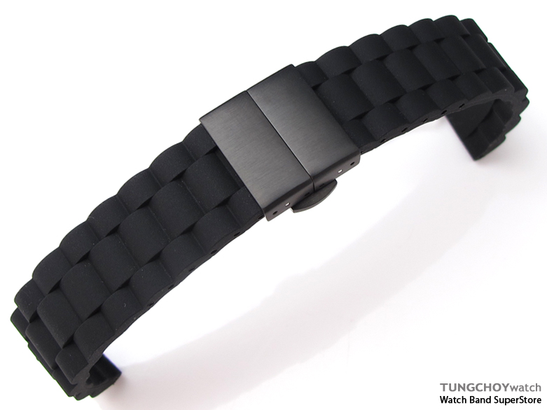 20mm Black Oyster Style Silicon Strap on PVD Black Deployant Clasp for Sport Watch, B