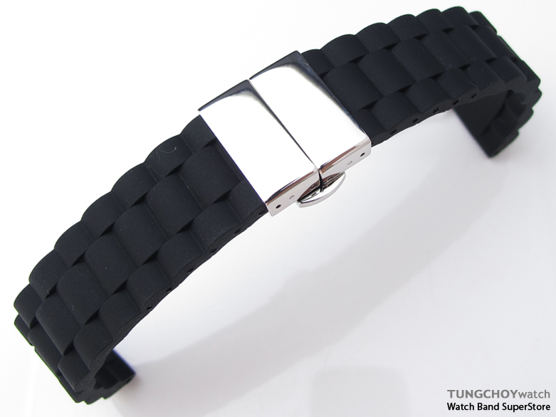 20mm Black Oyster Style Silicon Strap on Deployant Clasp for Sport Watch, P