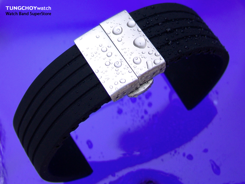 22mm Medium Soft Silicone Black 4 Groove Deployment Watch Band
