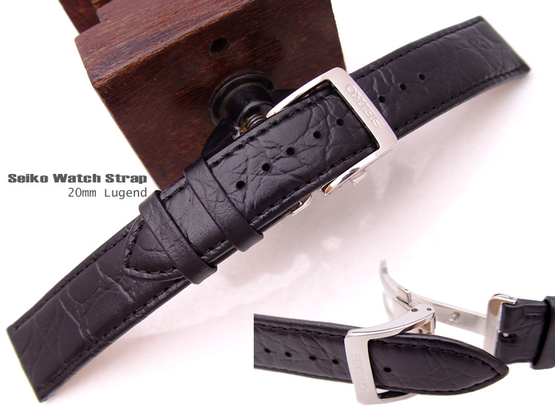 (LE20-243) B-20mm Seiko Black Croco Calf Deployant Clasp Watch Strap, Band