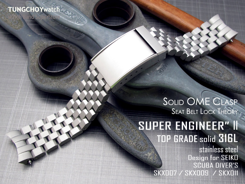 22mm Super Engineer II Flatten Solid Stainless Steel watch band for SEIKO Diver SKX007/009/011, Solid Seatbelt Clasp, Sandblaste