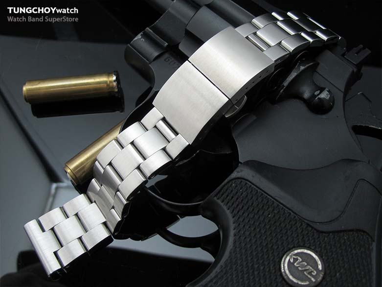 22mm Brushed Oyster Solid Link 316L Stainless Steel Straight End Bracelet, Dome Deployant Clasp