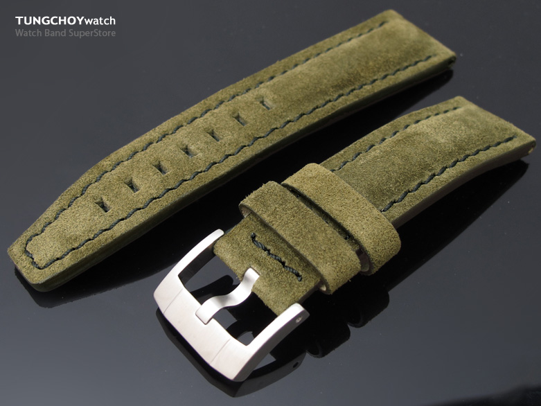 22mm Vintage Military Green Suede Black St. Pilot Watch Strap in Breitling Style